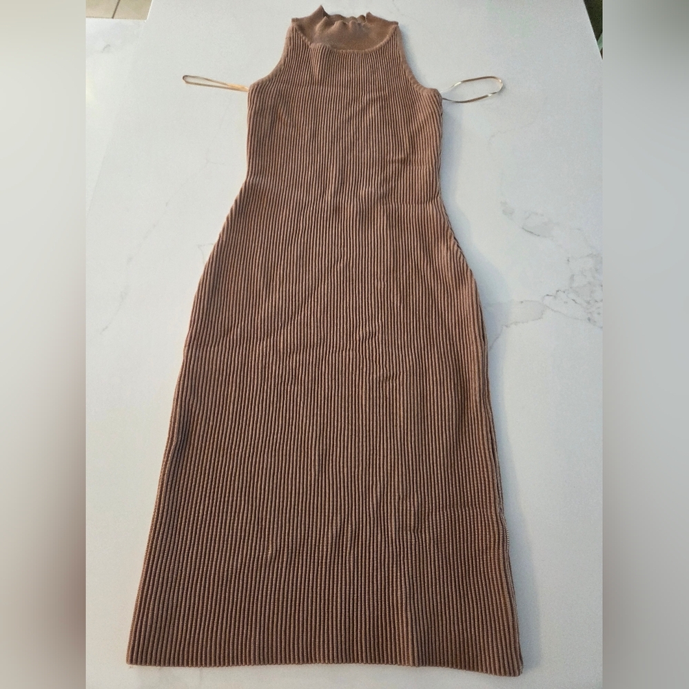 Knit Ribbed Bodycon Mock Neck Camel Sleeveless Dress